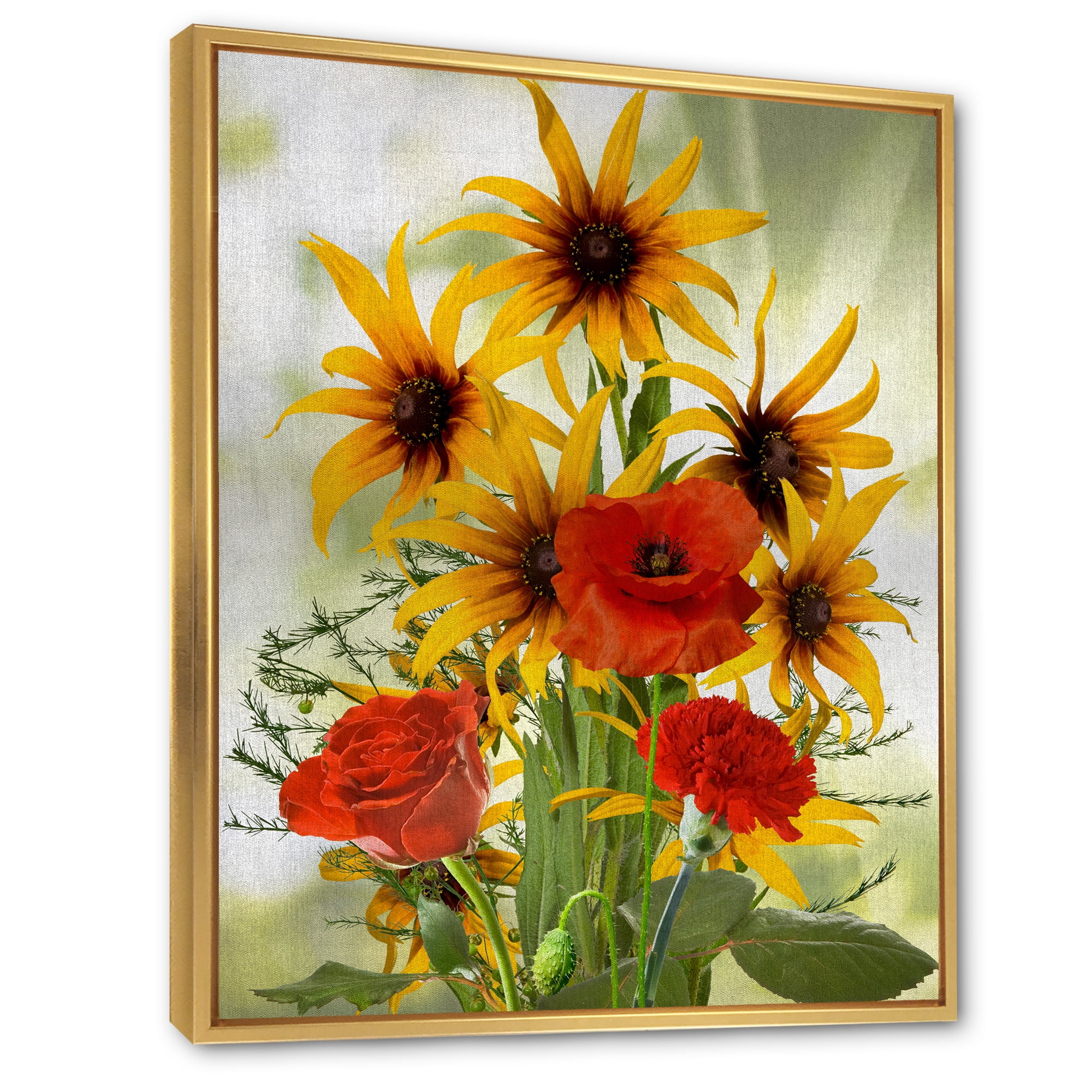Designart 'Poppies and Sunflowers In The Wild' Traditional Framed Canvas Wall Art Print