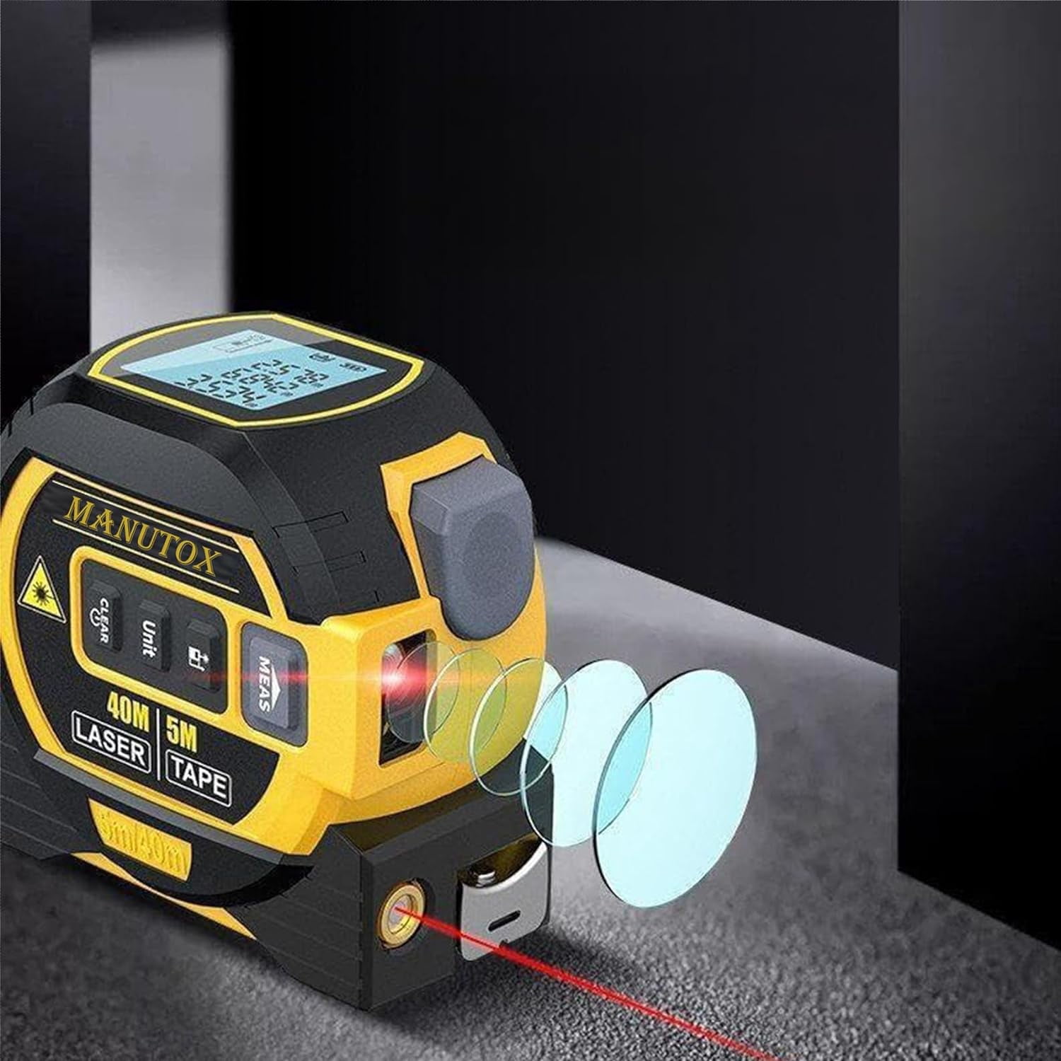 3 In 1 Infrared Laser Tape Measuring Tool Digital 196FT 60m Retractable Electric LCD Display Yellow