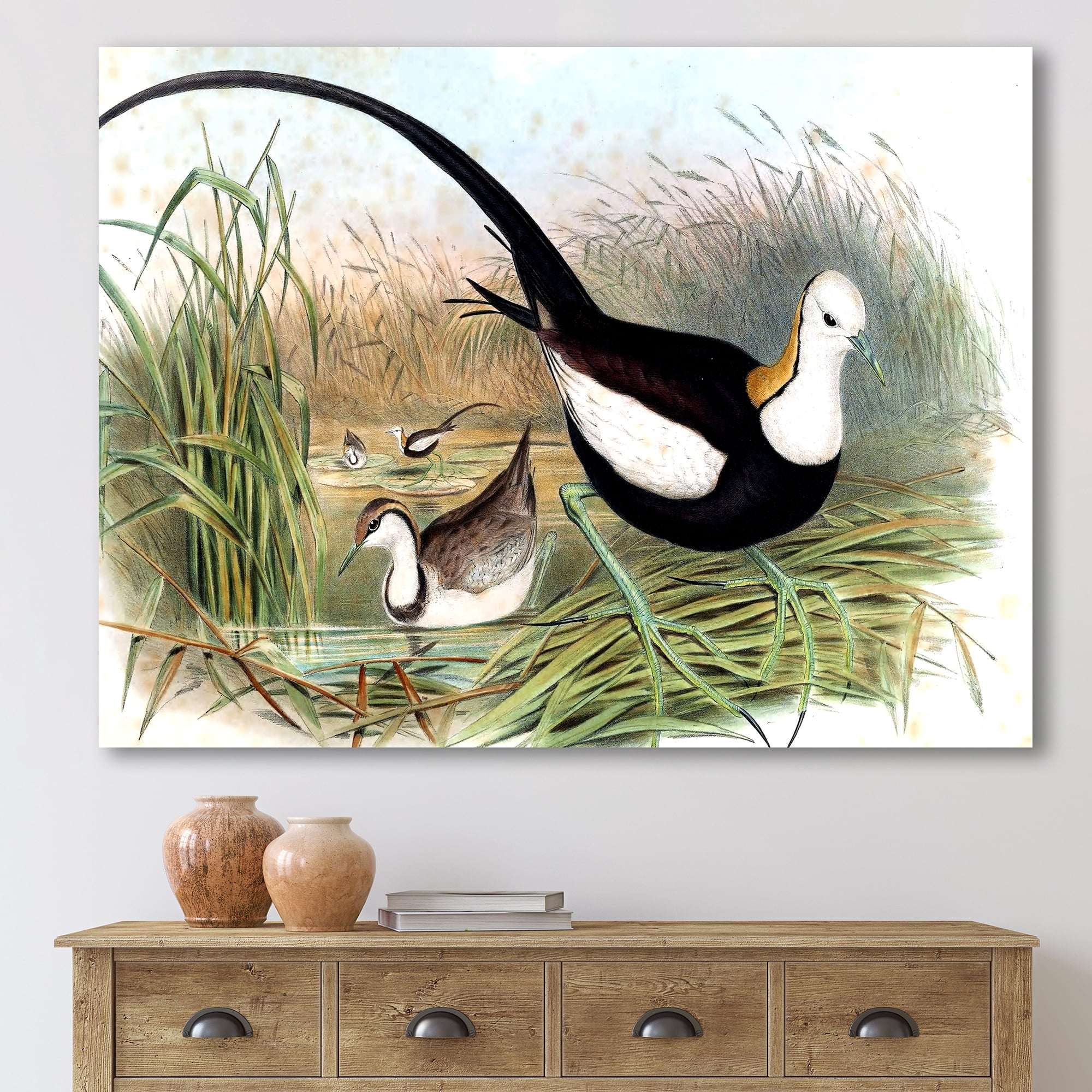 Designart ' Vintage Countryside Birds In Lake ' Farmhouse Canvas Wall Art Print