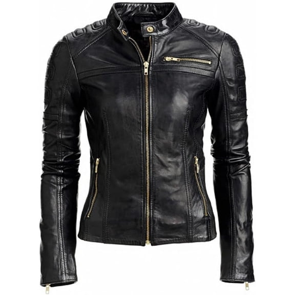 New Women's Black Lambskin Leather Jacket Stylish Slim Fit Motorcycle Jacket W395
