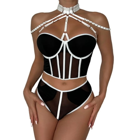 

Youmylove Women Suit Mesh Strap Stitching Metal Halter Neck Lingerie Chemise Lingerie Nightgown Nightie For Female