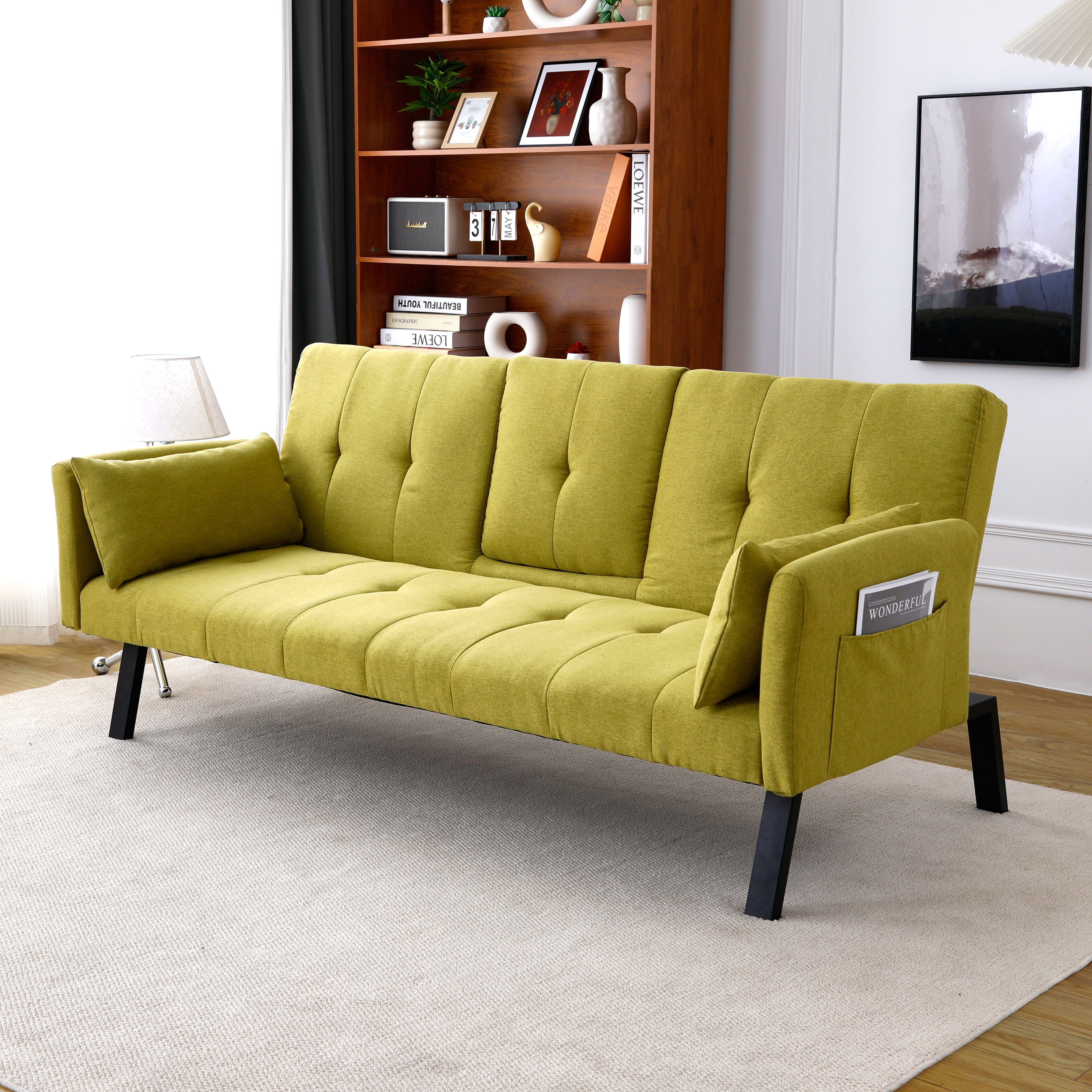 70 inch Futon Sofa Bed Cotton Linen Sofa Couch Convertible Folding Recliner with 2 Cup Holders,Side Storage for Living Room,Green