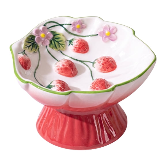 Ceramic Strawberry Slow Feeder Cat Bowl, Elevated Pet Dish for Cats Small Dogs