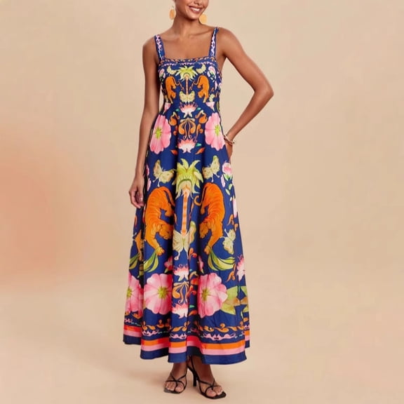 Women's Exotic Tiger Floral Print Spaghetti Strap Maxi Dress Square Neck High Waist Boho Vacation Long Dress