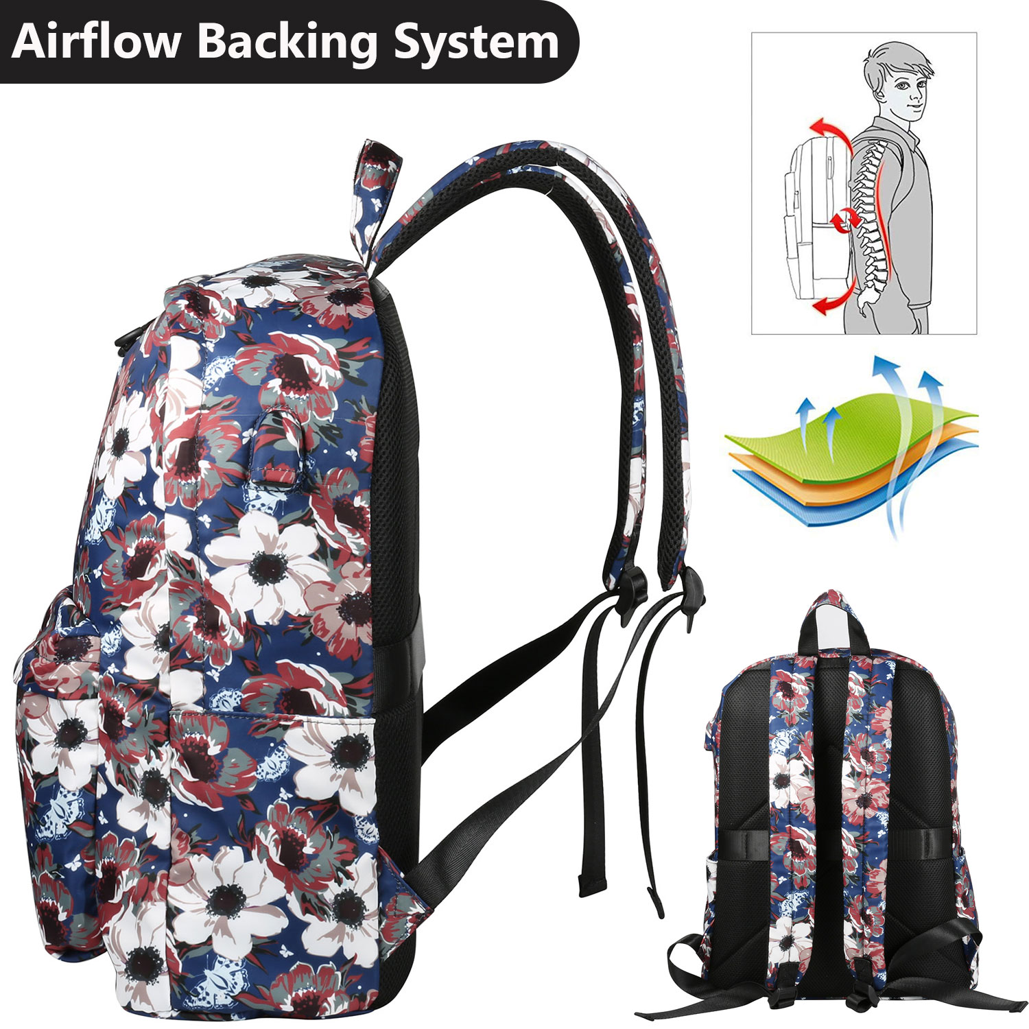 Floral Laptop Backpack 15.6 Inch for Women with USB Charging Port, Travel Work College School Bookbag Computer Bag for MacBook Notebook Surface Laptop Bag