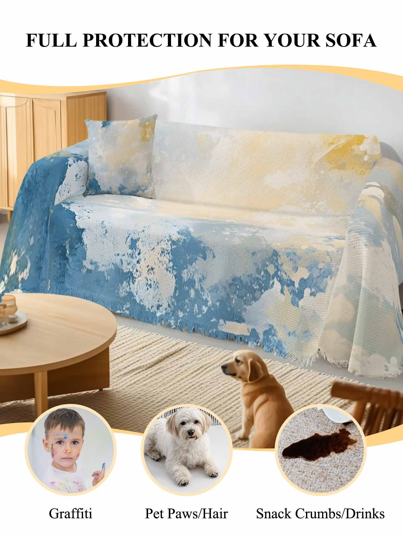 Blue Yellow Couch Cover for 2 Cushion Couch, Modern Vintage Oil Painting Abstract Washable Love Seat Sofa Covers Slipcover, Throw Sofa Covers for Pets, Furniture Protector 71"x102"