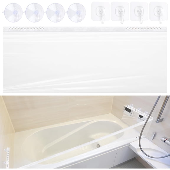 Bathtub Splash Guard Prevent Splashing and Keep Bathroom Tidy - for Water Play, Bathing Kids and Pets, Easy Installation with 4 Suction Cups & 4 Sticky Hooks