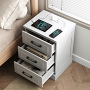 IDEALSOUL Nightstand for bedroom, White Farmhouse End Table with Charging Station, 3 Drawers Storage