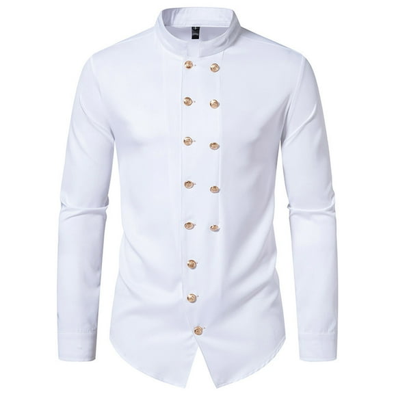 Double Breasted Shirts for Men Long Sleeve Casual Stand Collar Solid Slim Blouses Festival Tops Fashion Shirts