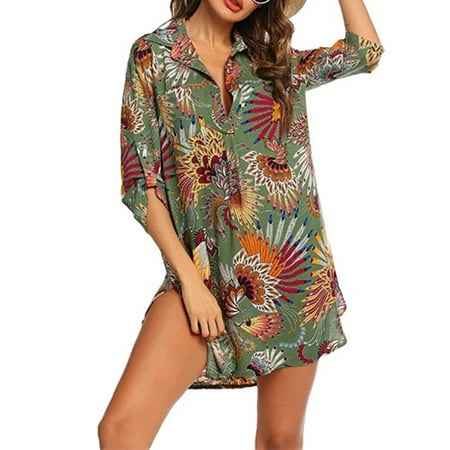 

Franhais Women Casual Loose Style Dress Turn-down Collar Printing Patterns Half Sleeves One-piece