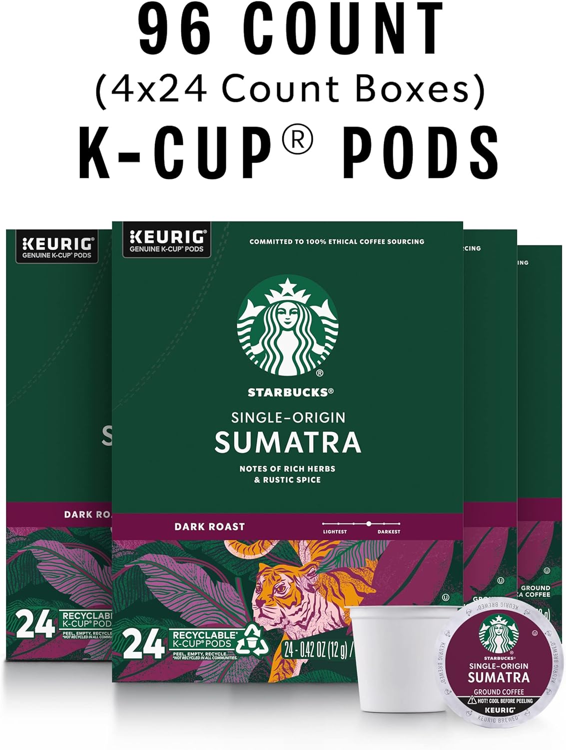 Starbucks K-Cup Coffee Pods, Dark Roast Coffee, Sumatra for Keurig Brewers, 100% Arabica, 4 boxes (96 pods total)