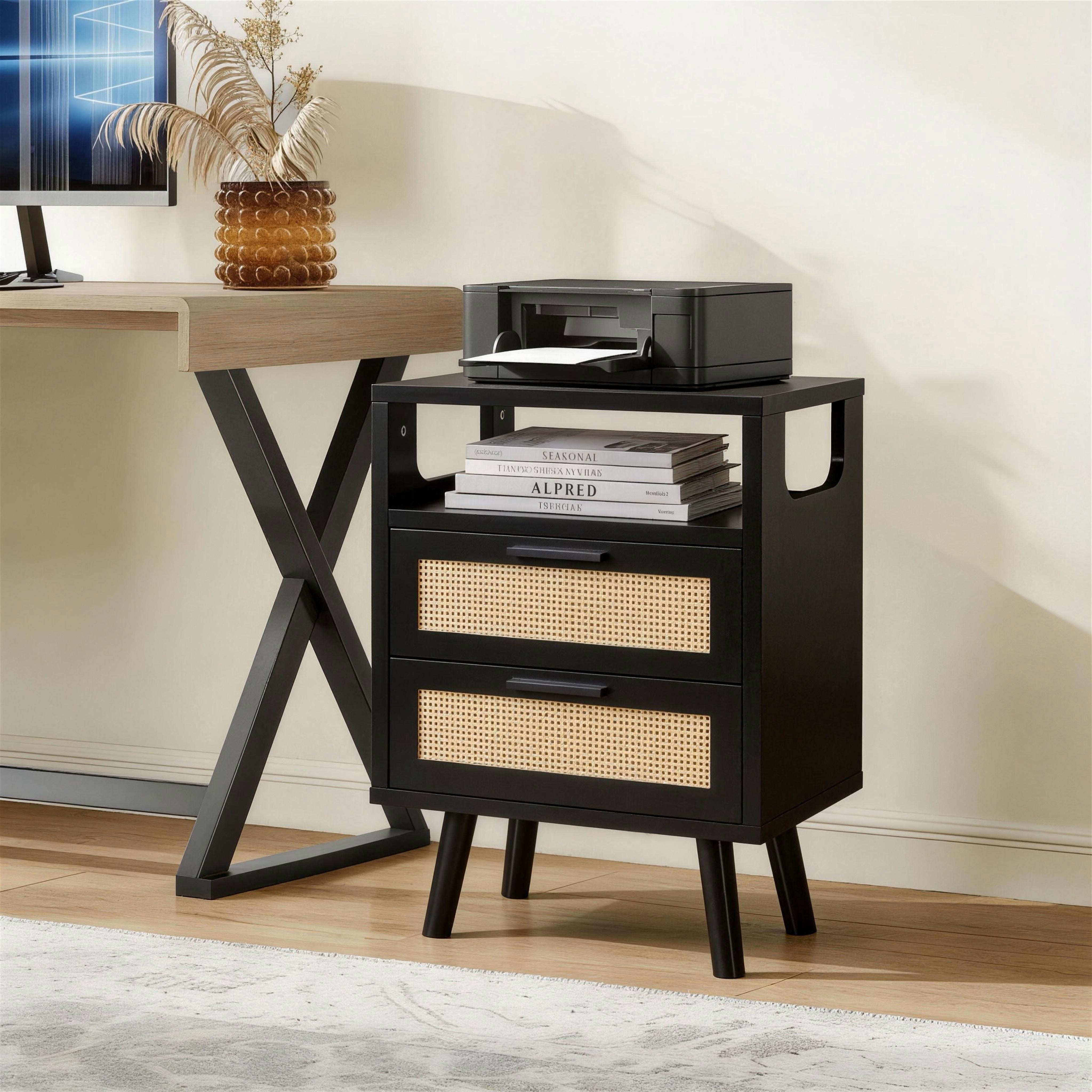 MAYEERTY Set of 2 Rattan End Tables with 2 Drawers and Open Shelf, Modern Wood Side Table with Tapered Legs, for Living Room Bedroom Small Spaces