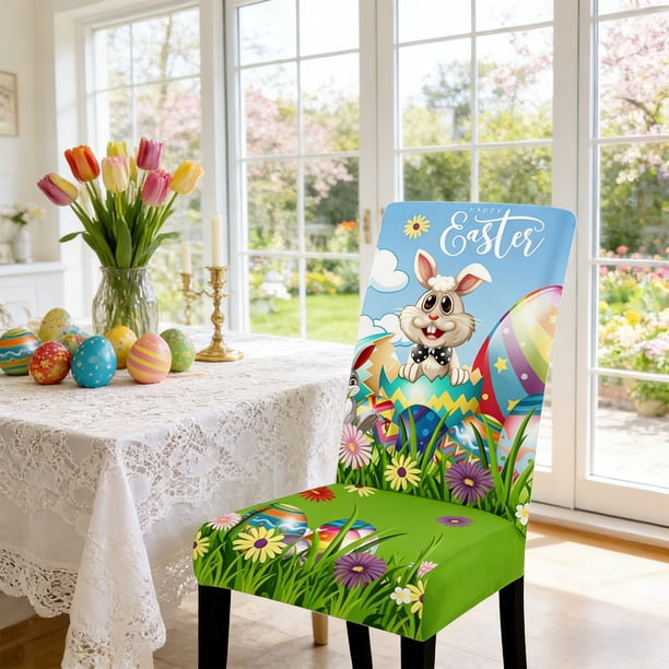CaiYueKe Easter Bunny Chair Covers, Festive Dining Chair Decor for Holiday Party Spring Home Decorations, Washable Polyester Slipcovers for Kitchen Table Celebration Gathering