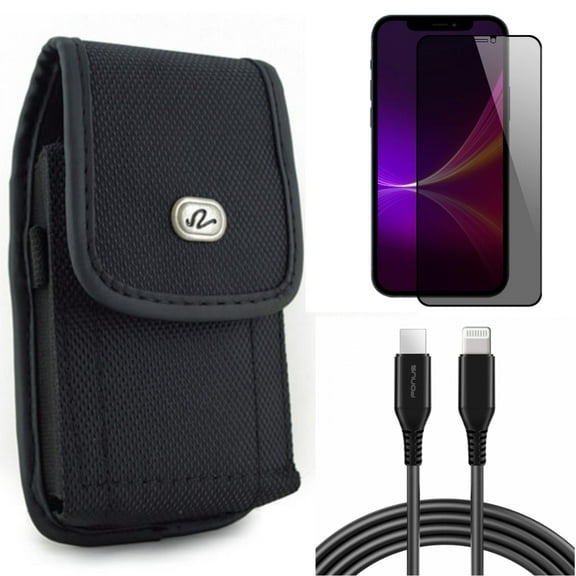 Case Belt Clip & Privacy Screen Protector & 10ft PD Cable for iPhone 13 Pro Max ONLY - Rugged Holster Canvas   Tempered Glass Curved Anti-Spy   USB-C Fast Charger Long Combo