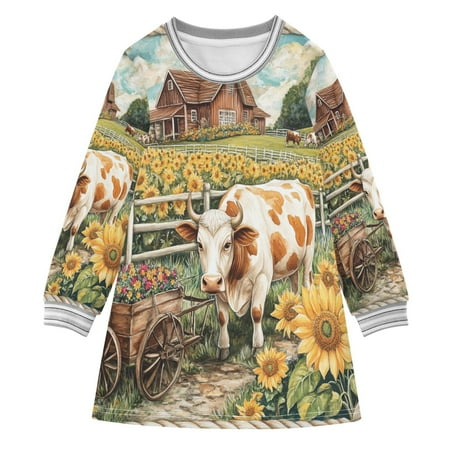 YAZAOO Little Girls Long Sleeved Hoodie A Dresses Cow with Cart in Sunflower Field Classical Creative Pattern