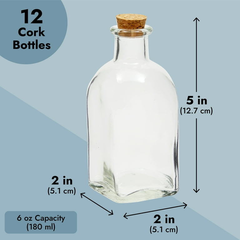 Juvale 12 Pack Clear 6 oz Glass Bottles with Cork Lids, Tiny Vintage Style Potion Vases for Party Favors, DIY Crafts (180 ml)