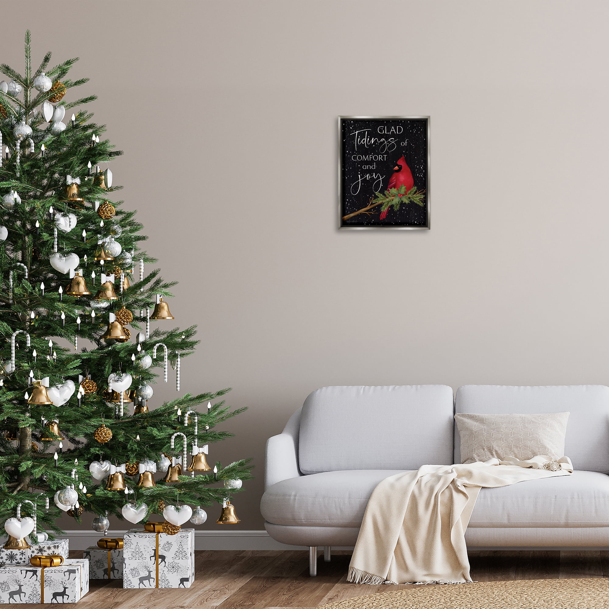 Stupell Industries Comfort & Joy Cardinal Holiday Painting Gray Floater Framed Canvas Art Prints Wall Art, 17 x 21