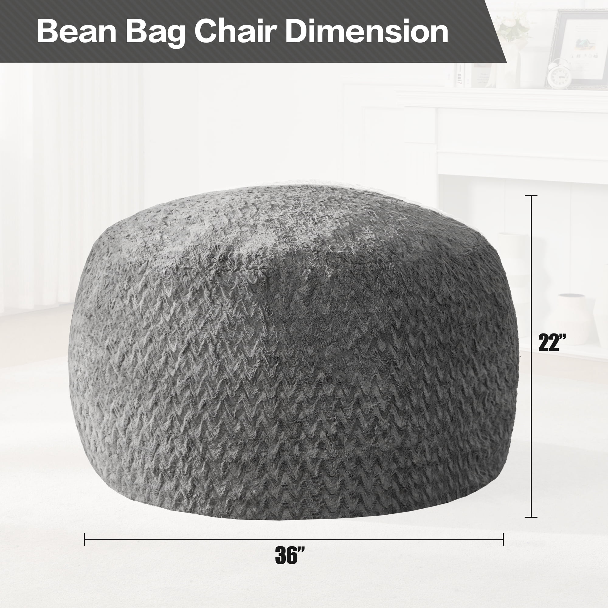 Hobestluk 3ft Bean Bag Chairs for Adults Large Beanbag Chair with Chevron Plush Fur Cover Big Bean Bag Chair for Living Room Bedroom Dorm Office - Grey (36” x 36” x 22”)