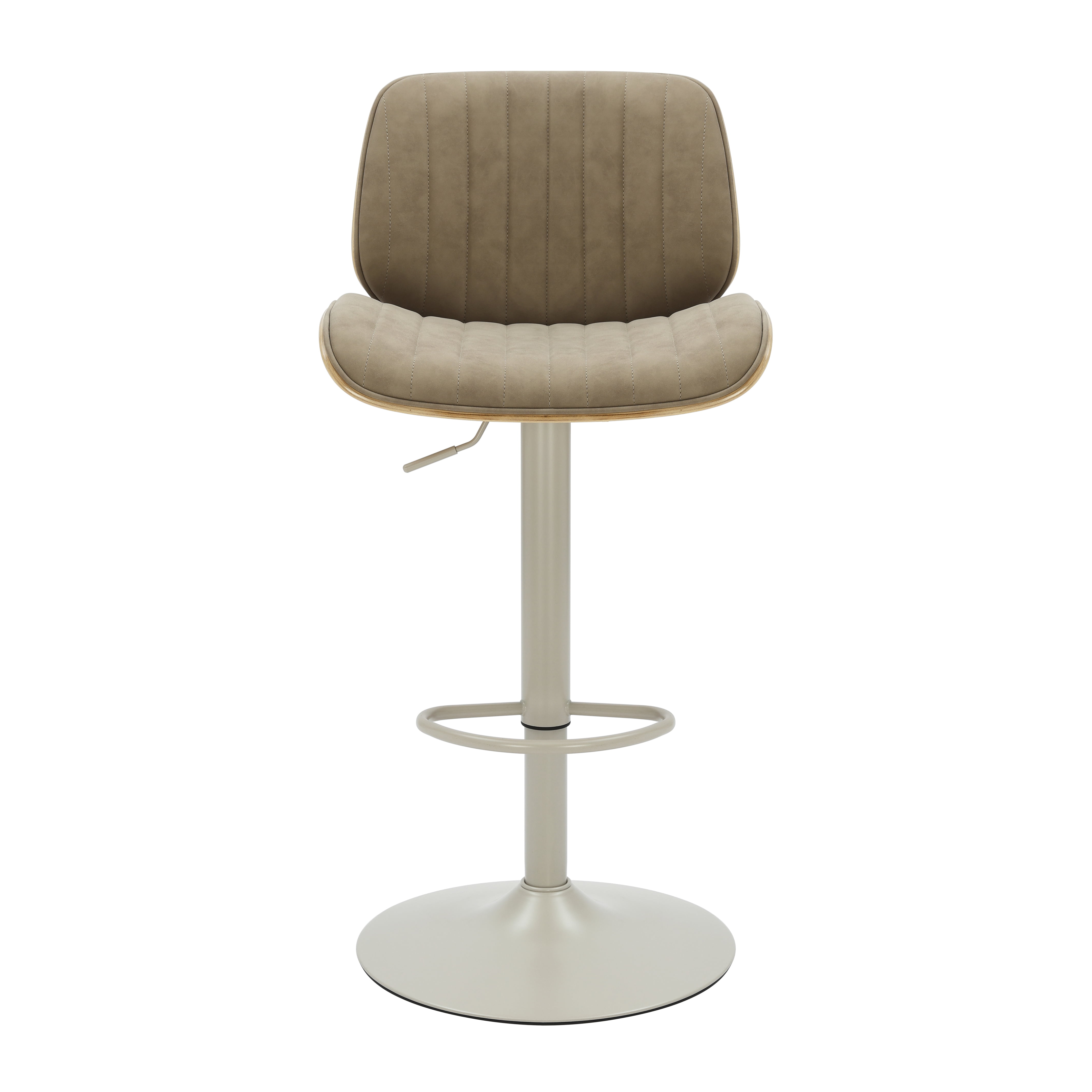 Brock Adjustable Swivel Vintage Taupe Curved Back Wood Bar Stool with Faux Leather Seat