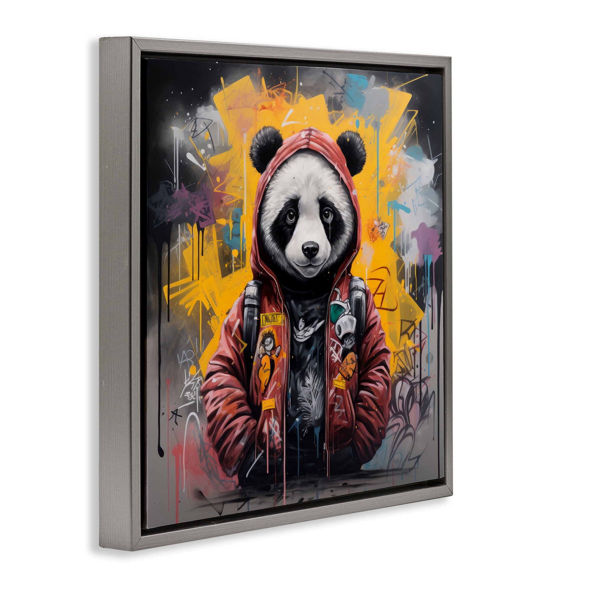 Stupell Industries Urban Graffiti Panda Bear Animals & Insects Painting Gray Floater Framed Canvas Art Print Wall Art, 25 x 25