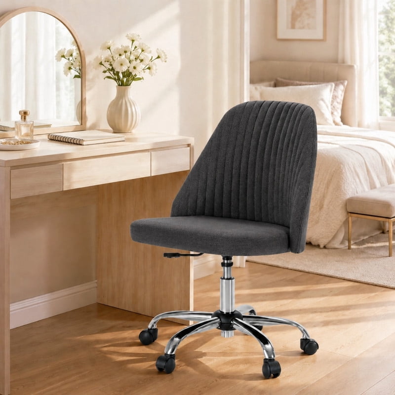 BEAUTYPEAK Armless Vanity Chair Adjustable Swivel Fabric Desk Chair with Padded Seat Wheels Mid-Back Office Chair, Dark Gray