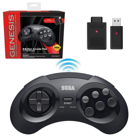 Retro-Bit Sega Genesis 2.4 GHz Wireless Controller 8-Button Arcade Pad for Sega Genesis Original/Mini, Nintendo Switch, PC, Mac â Includes 2 Receivers & Storage Case - Black