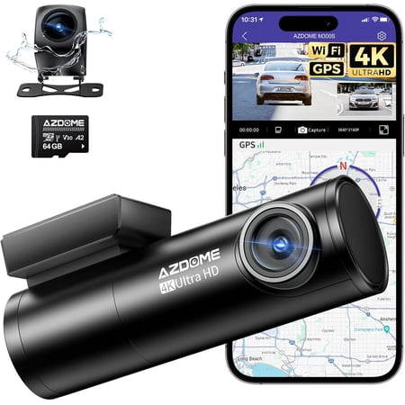 AZDOME M300S 4K Ultra HD Dual Dash Cam Front and Rear, Free 64GB Card, Built-in WiFi GPS Voice Control Car Camera, Night Vision, ADAS, 24 Hours Parking Monitor, Loop Recording (Matte Black)