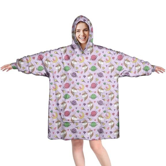 Wearable Oversized Blanket,Purple Cartoon Unicorn Planet Pattern Wearable Blanket Hoodie for Adults,Cozy Hooded Blankets with Super Pockets,Super Warm Fuzzy Pullover for Women & Men