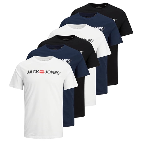 Jack & Jones Men's T-Shirt, 6 Pack - JJECORP LOGO TEE CREW NECK, Logo Print, Cotton White/Navy/Black M (Medium)