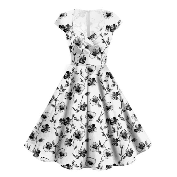 Pimfylm Women's V Neck Short Sleeve Floral Printed A Line Swing Flared Cocktail Party Midi Dress White, L