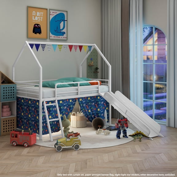 Kids Loft Bed, Twin Loft Bed with Slide and Play Tent - House-Shaped Metal Frame with Curtain Set, Pennant Banner, and Safety Guardrail, Superhero Themed Colors, Easy Assembly, White and Blue