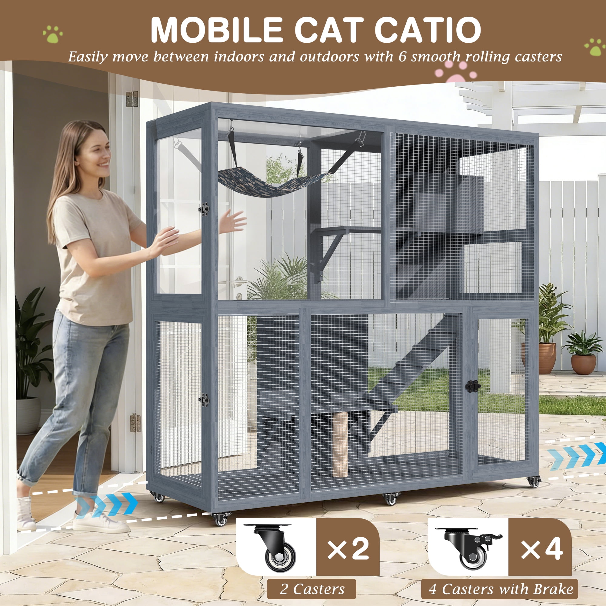 Haverchair 4-Tier Catio Cat Enclosure Outdoor, Portable Cat House Cage for Multiple Cats Indoor, Wood Kitty Condo w/Waterproof Roof Wheels Platforms Hammock Scratching Post for Sunbathing Playing