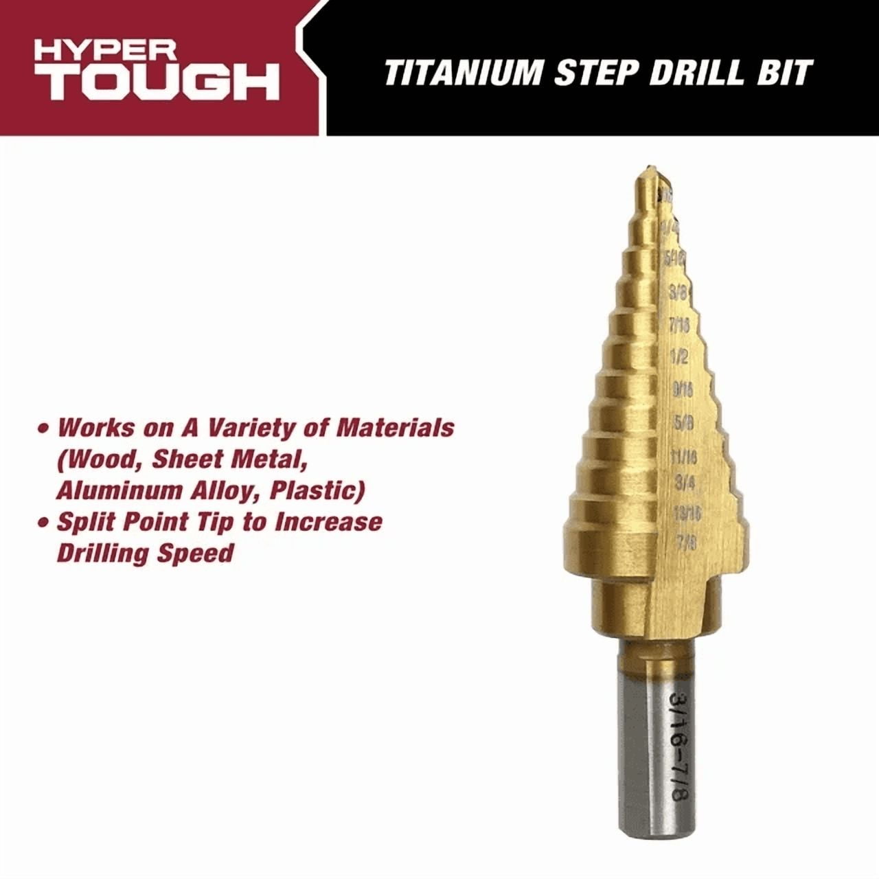 Hyper Tough 12-Step Split Point Titanium Coated Drill Bit, 3/16 - 7/8-inch, Model 42536, HYPERTOUGH PL HT STEP DRILL BIT