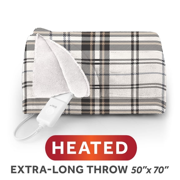 Sunbeam Heated Electric Microplush Throw Blanket, Black and White Vintage Plaid, 4 Heat Settings, 50 x 70 in