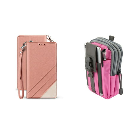 BC Synthetic PU Leather Magnetic Flip Cover Wallet Case (Rose Pink) with Pink Gray Tactical EDC MOLLE Waist Pouch and Atom Cloth for Samsung Galaxy J3