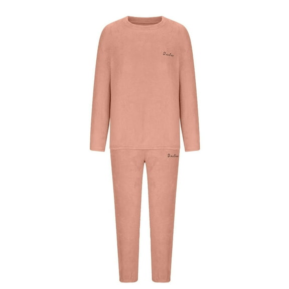hoksml Women's Coral Fleece Pajama Set Winter Plush Sleepwear Solid Color Crewneck Pullover Top with Pants Cozy Loungewear