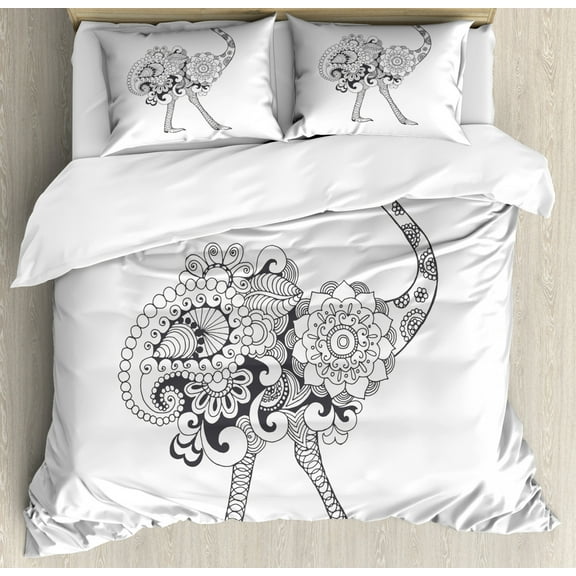 Ostrich Duvet Cover Set Queen Size, Ornamental Ethnic Bohemian Wild African Safari Bird Totem Tribal Tattoo Art, Decorative 3 Piece Bedding Set with 2 Pillow Shams, Black Grey White, by Ambesonne