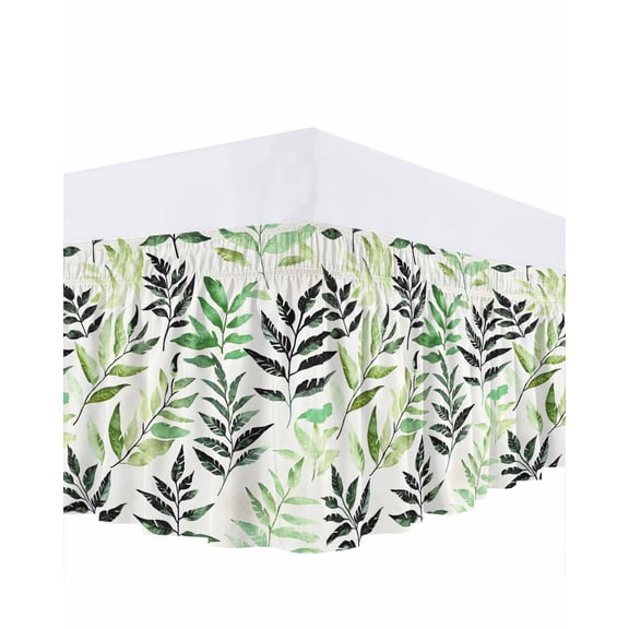 Watercolors Black Green Leaf Bed Skirt California King Size 16" Drop Plant Ruffled Wrap Around Bed Skirts Adjustable Elastic Bedskirt Dust Ruffle for California King Size Bed