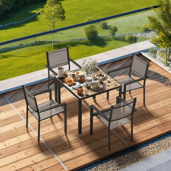 U-HOMY 5-Piece All-Weather Patio Dining Set with Square Wpc Table & Stackable Textilene Chairs, Iron Frame for Garden, Backyard, Deck