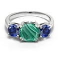 thumbnail image 2 of Gem Stone King 925 Sterling Silver Green Malachite and Blue Created Sapphire 3 Stone Engagement Ring for Women (4.20 Cttw, Gemstone, Cushion 8MM, Size 9), 2 of 5