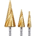 thumbnail image 1 of Juego de 3 brocas escalonadas con ranura en espiral de Whataatahia: acero inoxidable, plástico, metal y madera, broca escalonada con vástago hexagonal HSS, broca cónica para metal, juego de brocas de, 1 of 5