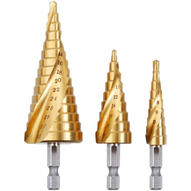 Juego de 3 brocas escalonadas con ranura en espiral de Whataatahia: acero inoxidable, plástico, metal y madera, broca escalonada con vástago hexagonal HSS, broca cónica para metal, juego de brocas de