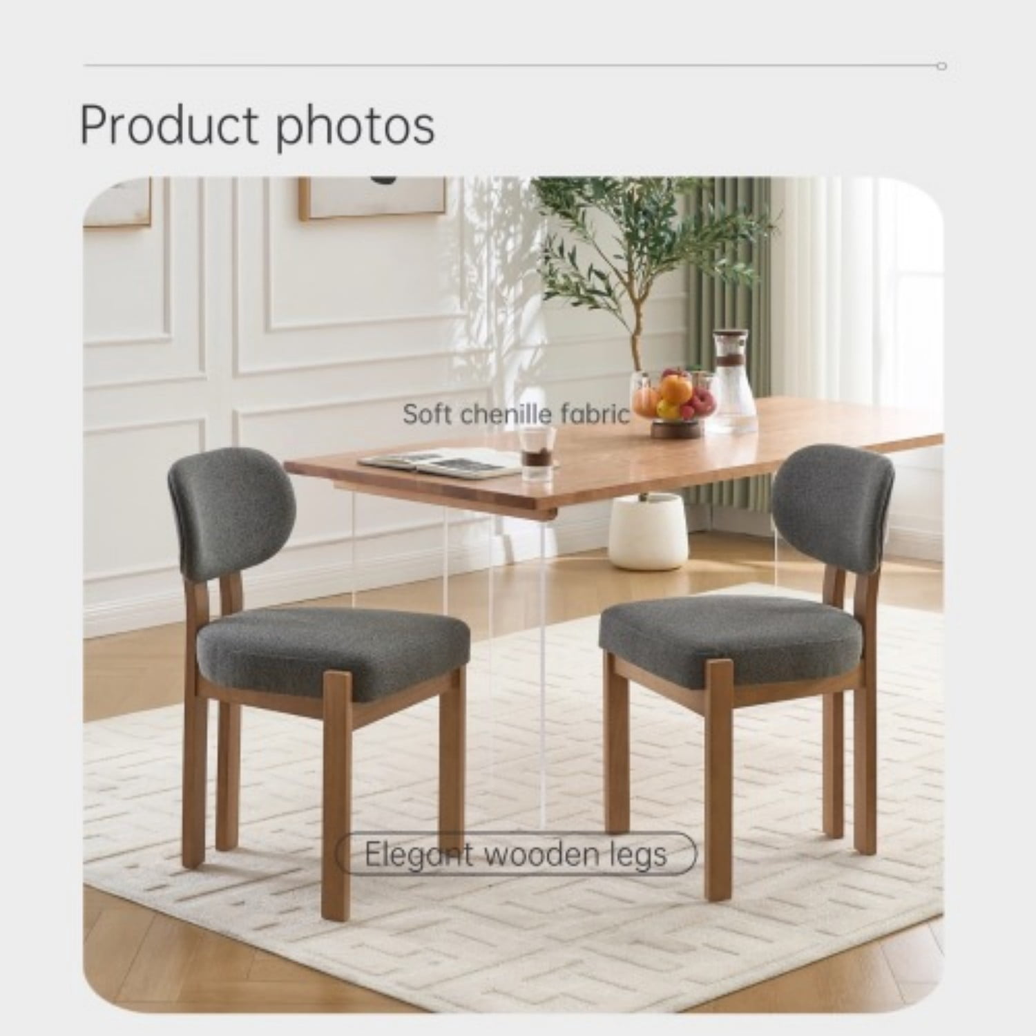 Dining Chairs Set of 2, Chenille Upholstered Wood Kitchen Chairs, 3.95" Thick Foam Cushion Wingback Dining Room Chairs, Grey