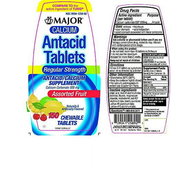 Major Calcium Antacid Chewable Tablets, Assorted Fruit Flavors, 500 mg, 150 Count (6 Pack)