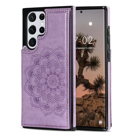 Dteck for Samsung Galaxy S23 Ultra Case with Card Holder,Magnetic Flower Back Flip Case Wallet Protective Kickstand Phone Cover for Galaxy S23 Ultra,Purple