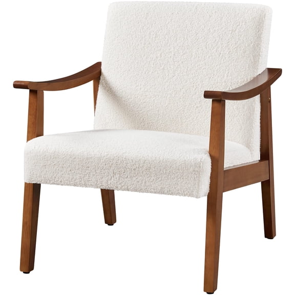 Living Room Accent Chair, Mid Century Leisure Barrel Chair with Wooden Frame, Modern Comfy Armchair for Bedroom, Ivory White