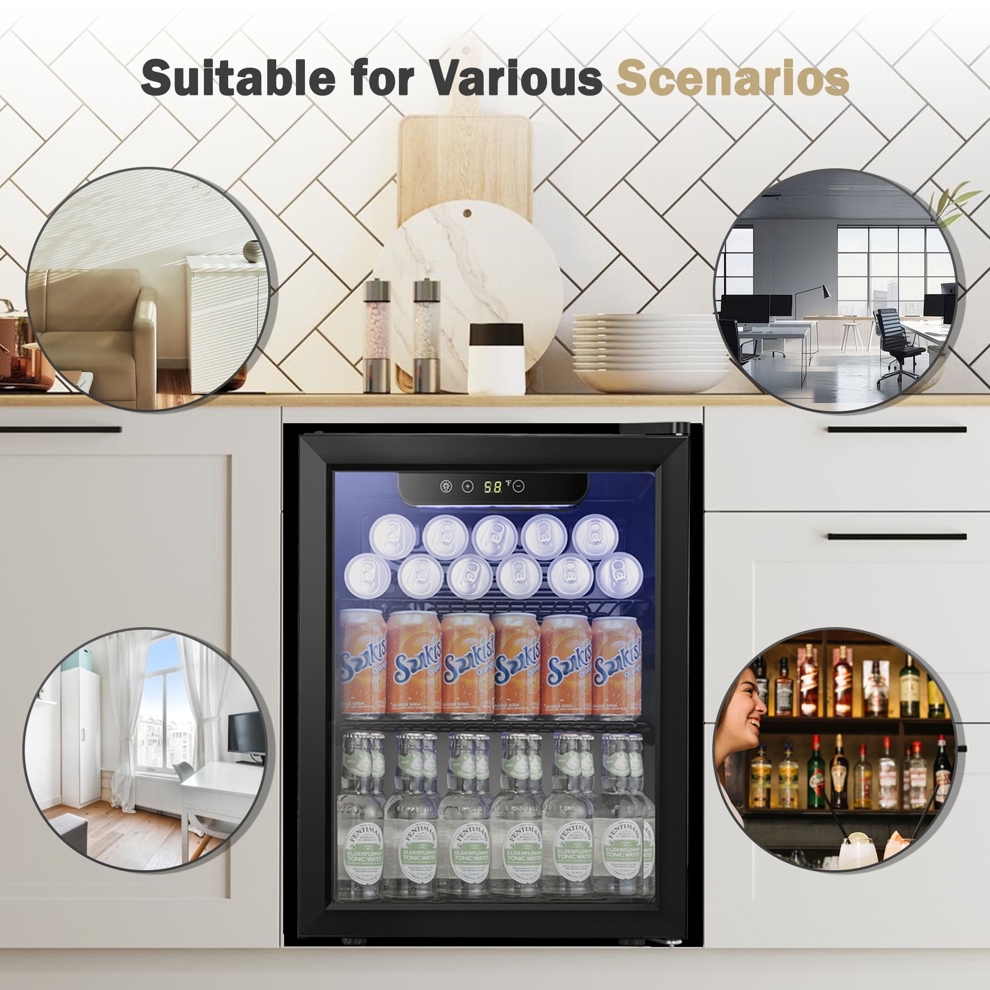Electactic 1.7 Cu. ft. Beverage Refrigerator Cooler, 16 Bottle & 68 Cans Mini Wine Cooler with Glass & Exchangeable Door, Home/Bar/Office-Electactic