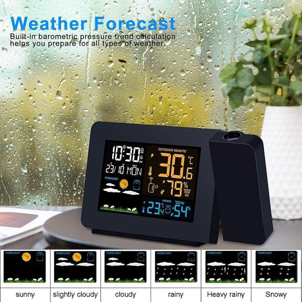 Projection Alarm Clock with Weather Station, Atomic Digital Alarm Clock with Projection on Ceiling,Indoor Outdoor Temperature Humidity Monitor Gauge,for Home Bedroom