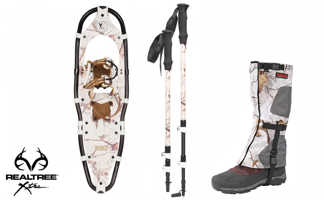 Yukon Charlie's Aluminum Snowshoes(up to 200lbs) Snow Camo w poles& L XL gaiters by
