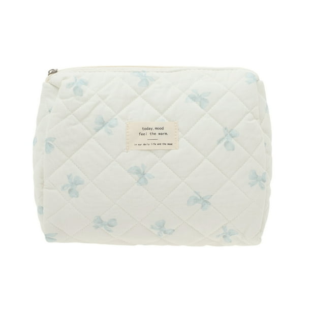Unique Bargains 1 Pc Bow Quilting Makeup Bag Blanco Azul Tela de Algodón